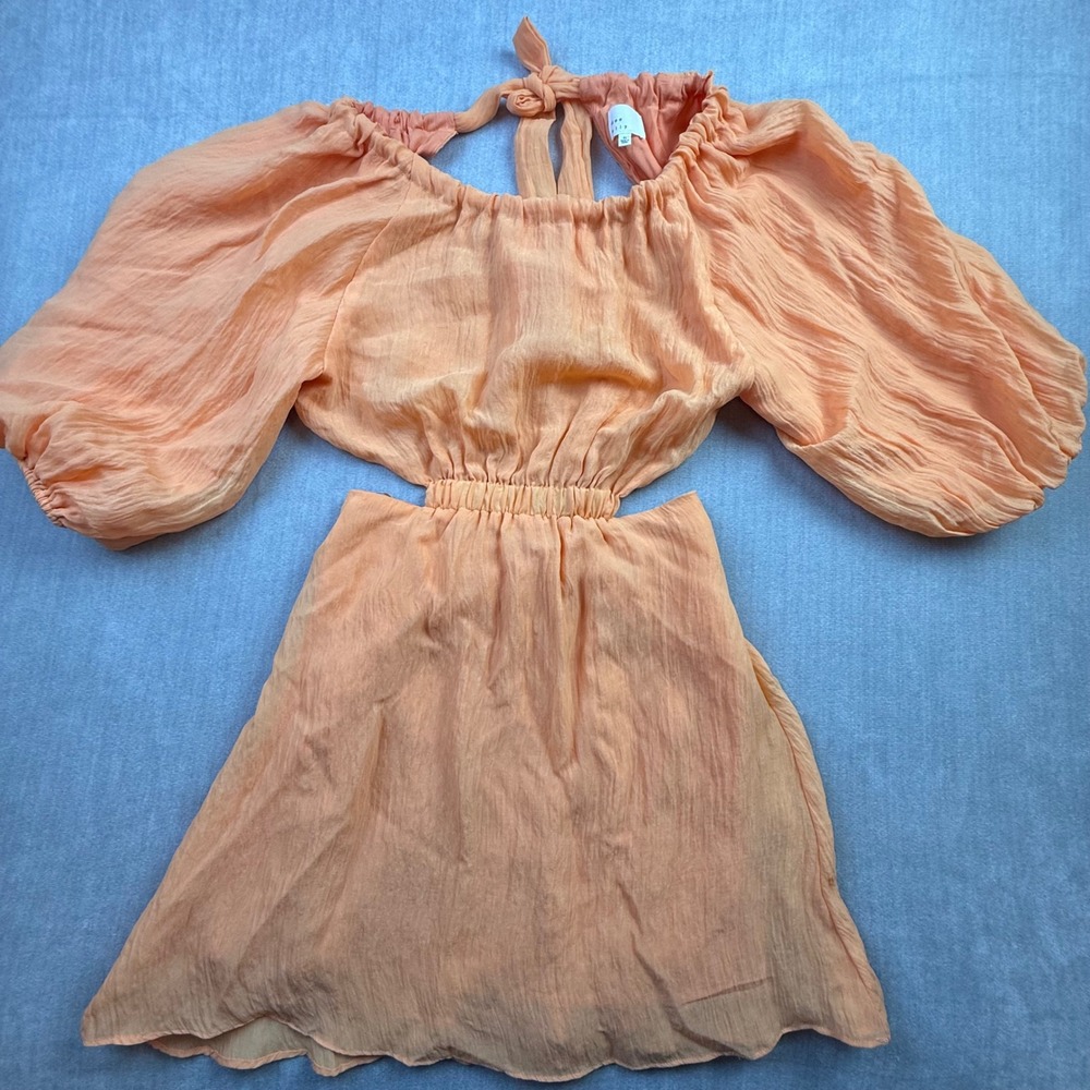 Dee Elly Peach Orange Cutout Puff Sleeve Mini Dress XS VDDSW3591BES
